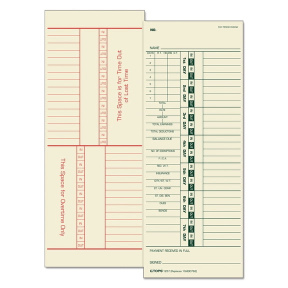 TOPS Time Card for Acroprint/Simplex, Weekly, Two-Sided, 3 1/2 x 9, 500/Box -TOP1257