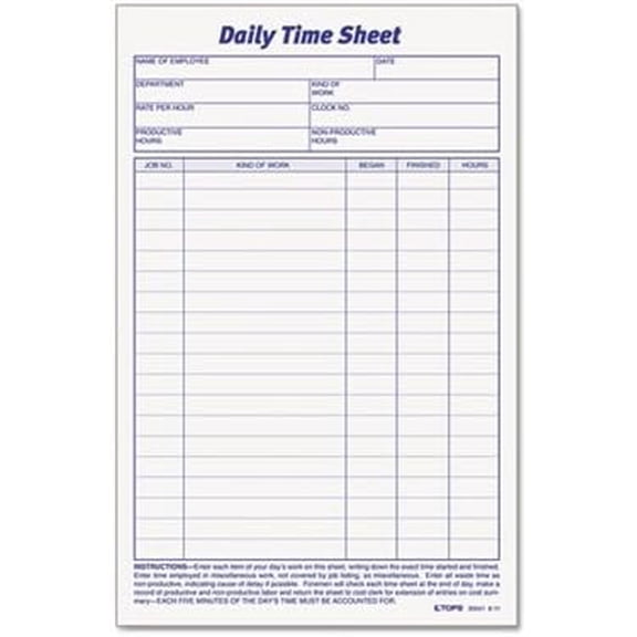 TOPS TOP30041 DAILY TIME AND JOB SHEETS, 6 X 9-1/2, 100/PAD, 2/PACKFull Carton Of:36 PK$$Office