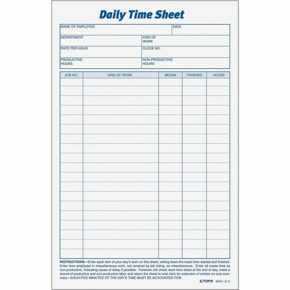 TOPS, TOP30041, Daily Time Sheet Form, 2 / Pack, White