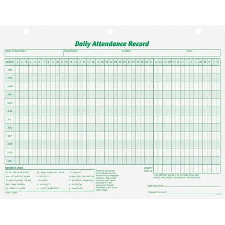 TOPS, TOP3284, Daily Employee Attendance Record Form, White