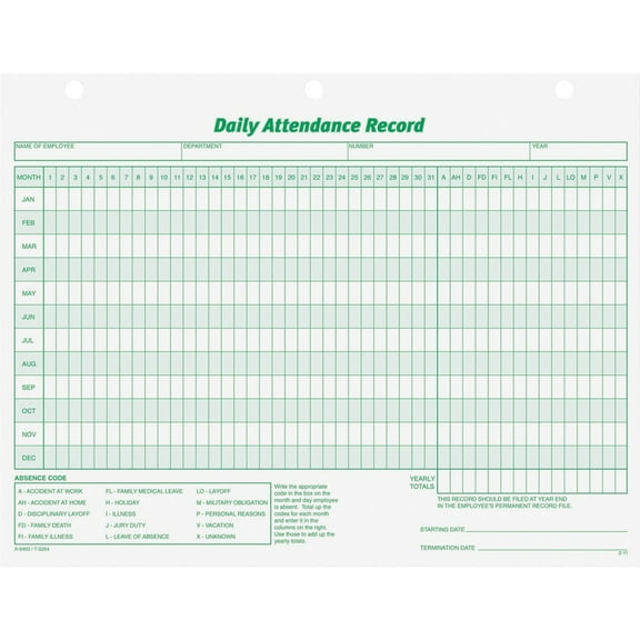 TOPS, TOP3284, Daily Employee Attendance Record Form, White