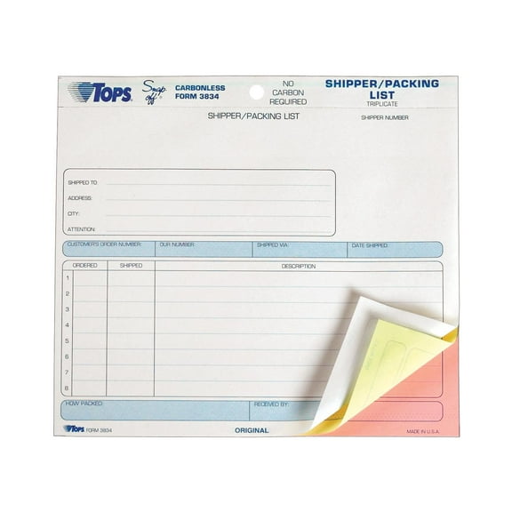 TOPS, TOP3834, 3-Part Carbonless Shipper/Packing Forms, 50 / Pack, White,Canary,Pink