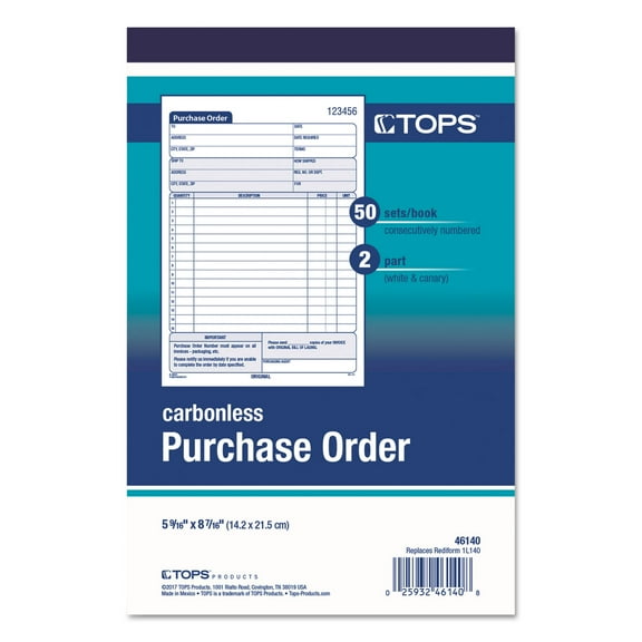 TOPS, TOP46140, Carbonless 2-Part Purchase Order Books, 1 Each