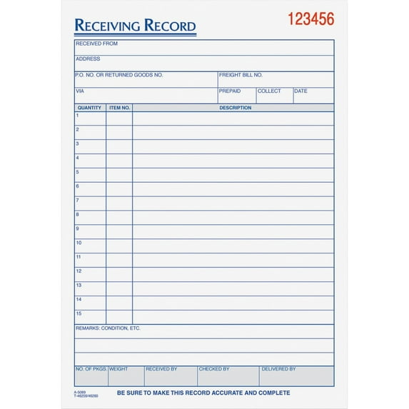 TOPS, TOP46260, Carbonless Receiving Record Forms, 1 Each