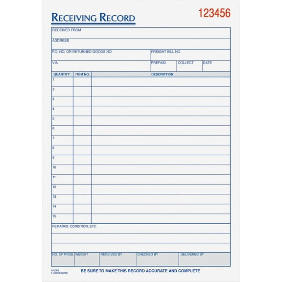 TOPS, TOP46260, Carbonless Receiving Record Forms, 1 Each