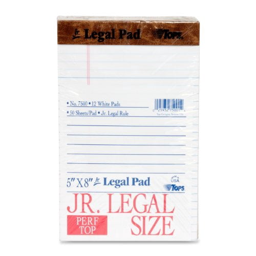 TOPS The Legal Pad Writing Pads, 5" x 8", Jr. Legal Rule, 50 Sheets, 12 Pack