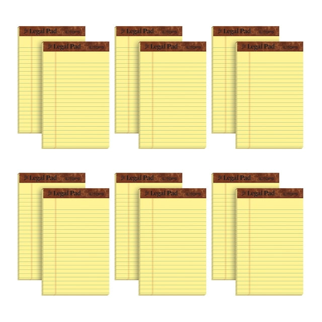 TOPS The Legal Pad Writing Pads, Jr. Legal Rule, 5 x 8, 50 Sheets, Canary, 12 Pack