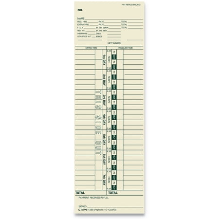 TOPS Time Card for Cincinnati/Simplex, Weekly, 3 1/2 x 10 1/2, 500/Box