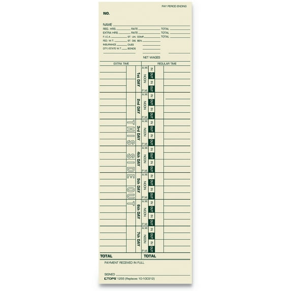 TOPS Time Card for Cincinnati/Simplex, Weekly, 3 1/2 x 10 1/2, 500/Box