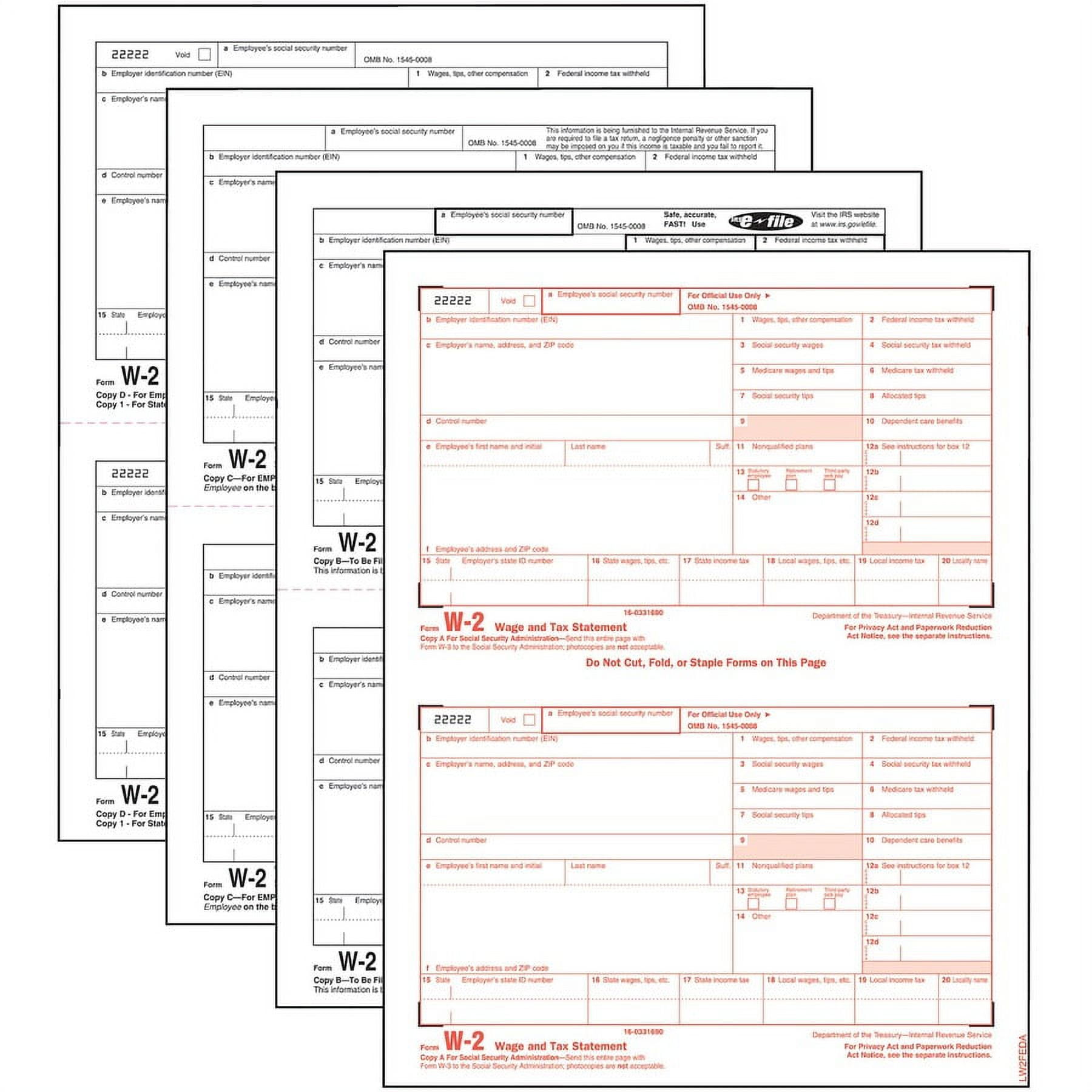 TOPS W-2 Tax Forms, Four-Part Carbonless, 5.5 x 8.5, 2/Page, (50) W-2s and (1) W-3