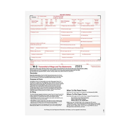 TOPS W-3 Transmittal Tax Form 1 Part White 8 LW325