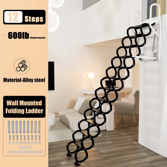 TOPTENG 12 Steps Black Loft Wall Folding Pulldown Attic Ceiling Ladder Stairs 27.5*23.6"