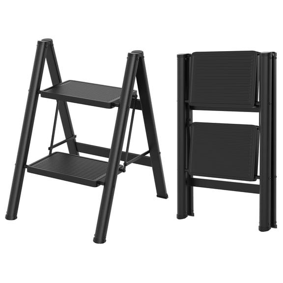 TOPTENG 2-Tier Foldable Aluminum Stepladder, Lightweight, Compact & Wide Design