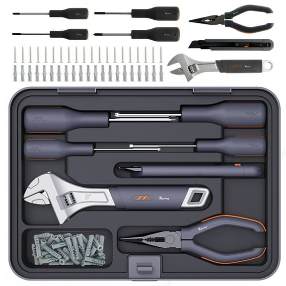 TOPTENG 8 in 1 Tool Kit for Home, Hand Tool Set with Storage Box, General Basic Repair Tool Set with Screwdriver, Wrench, Wall Anchors, Utility Knife, Pliers