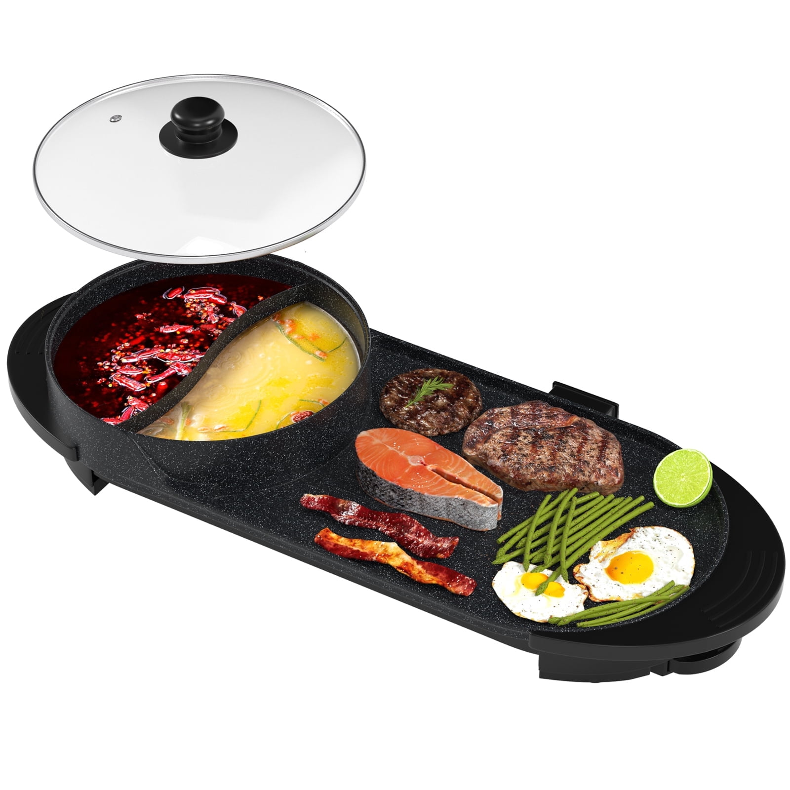 TOPTENG Electric Grill Hot Pot 2 in 1, Multifunctional Smokeless Grill Indoor Teppanyaki Grill/Shabu Pot with Divider-Separate Dual Temperature Contral, Non-Stick Pan BBQ
