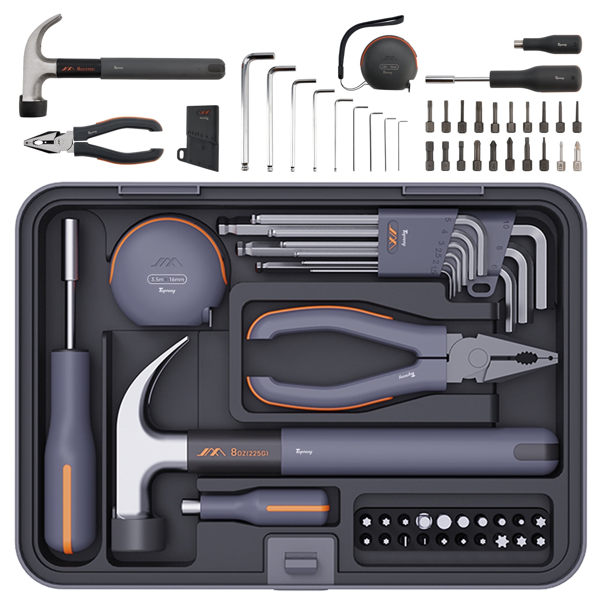 TOPTENG 34 PCS Household Basic portable Hand Repair Tool Set with Case, Screwdriver & Hex Key & Pliers & Hammer & Tape Measure & Pry Bar for Men Women