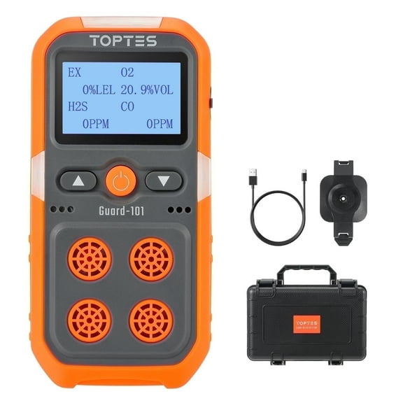 TOPTES 4 in 1 Gas Leak Detector Guard-101 ,Gas Monitor for H2S, CO, LEL and O2, Vibration, Audible and Visual Alerts, Long Battery Life for Work and Home