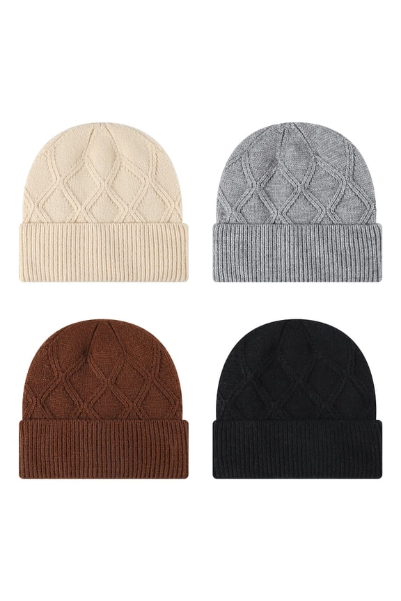 4 Pcs Cabled Knit Beanie Hat with Ribbed Cuff, Cozy Stretchy Winter Hat for Unisex Slouchy Soft Yarn Cap