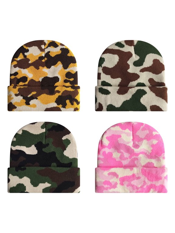 4 Pcs Camo Knit Beanie Hat Uniesx Winter Knitted Thermal Skull Hats for Men & Women