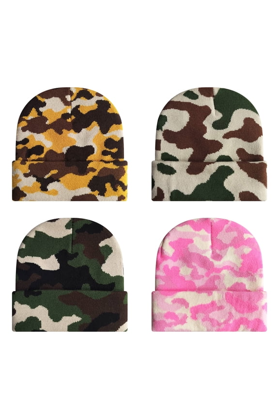 4 Pcs Camo Knit Beanie Hat Uniesx Winter Knitted Thermal Skull Hats for Men & Women