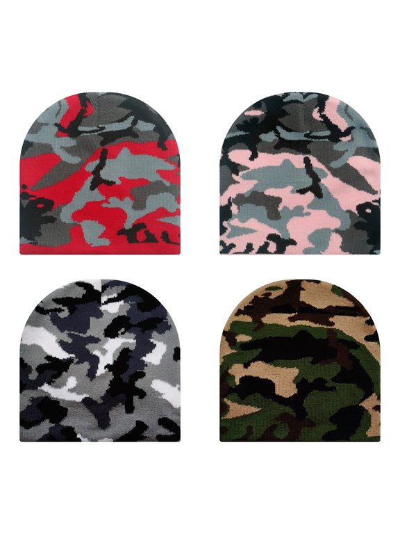 4 Pcs Camo Knit Beanie Warm Winter Beanie Skull Cap for Men & Women Soft Short Toque Hat