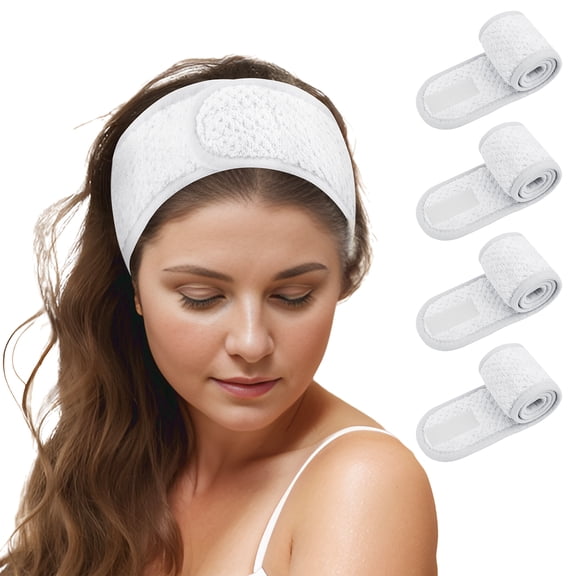 TOPTIE 4PCS Spa Headband Coral Fleece Absorbent for Shower, Extra Thick Soft White Facial Head Wrap for Makeup