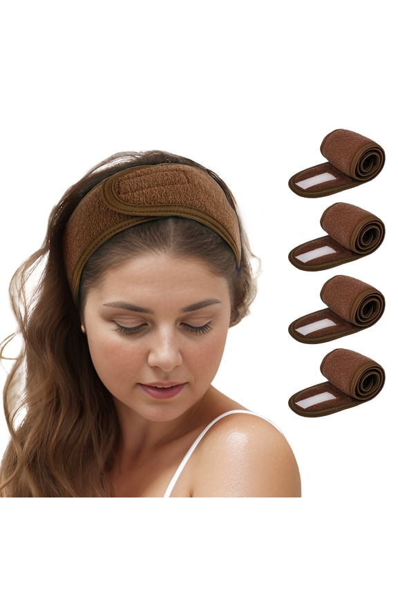 4Pcs Spa Facial Headband Skincare Makeup Head Wrap Adjustable Terry Cloth Head Band for Washing Face (Brown)