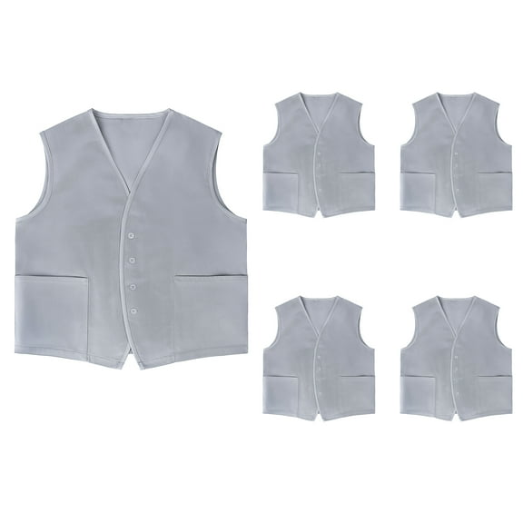 TOPTIE 5 Pack Button Up Waistcoat Two Pocket Unisex Vest Volunteer Work Vest-Gray-XL
