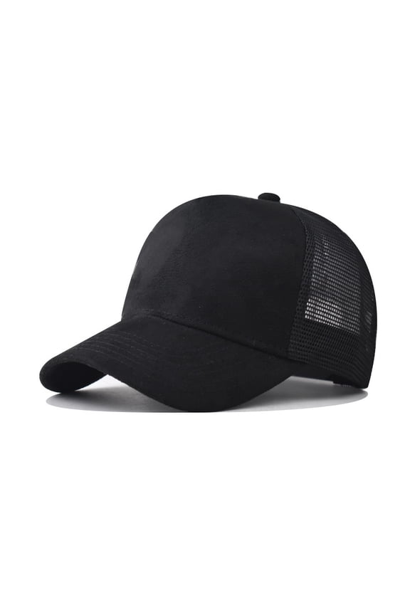5 Panel Baseball Cap Suede Front Mesh Back Adjustable Unisex Snapback Hat-Black