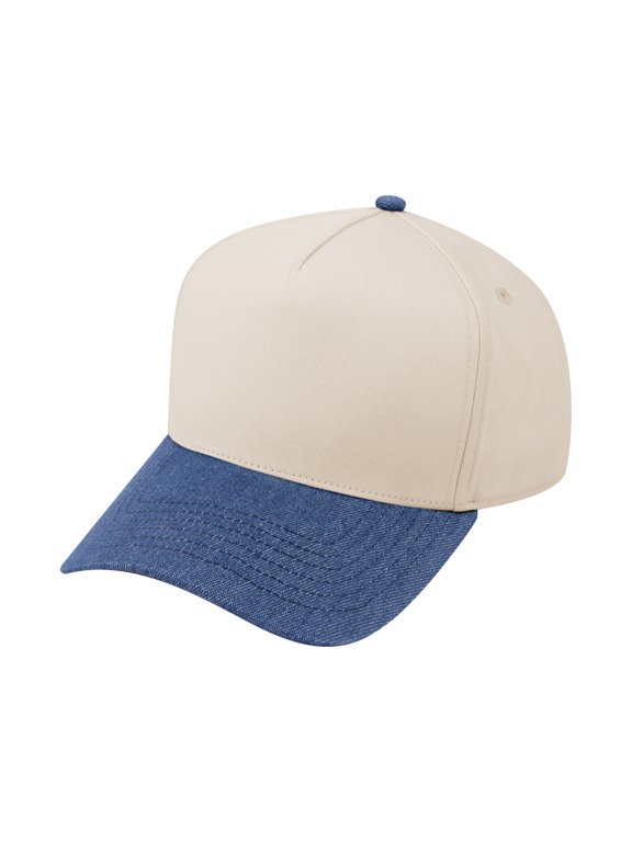 5 Panel Trucker Cap Snapback Mid Profile Cotton Sun Hat Adult-Denim Mid Blue Beige