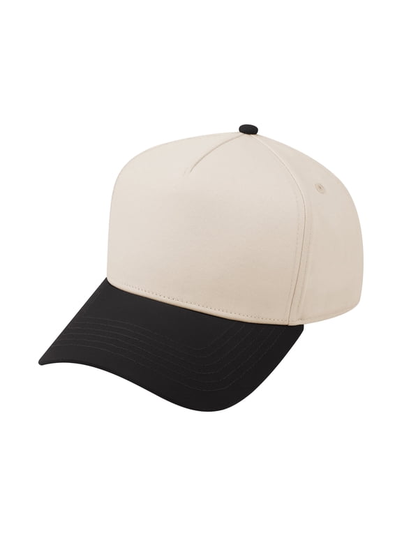5 Panel Trucker Cap Snapback Mid Profile Cotton Sun Hat Adult-Black Beige