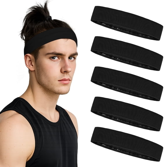 TOPTIE 5 Pcs Knit Headband Non-Slip for Workout, Black Athletic Sweatband Headband for Men Women Running Yoga Sport