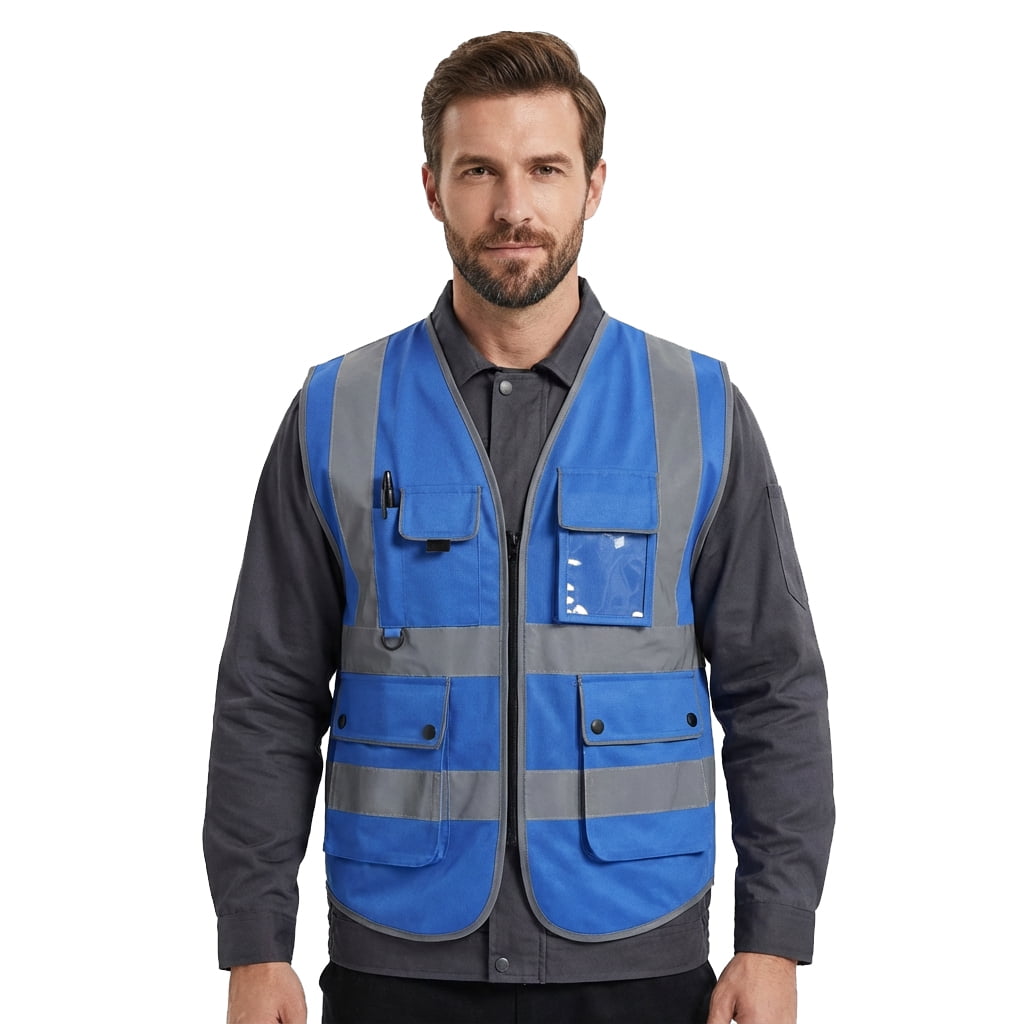 TOPTIE 8 Pockets High Visibility Safety Vest ANSI ISEA Class 2 Reflective Vest-Blue-XL