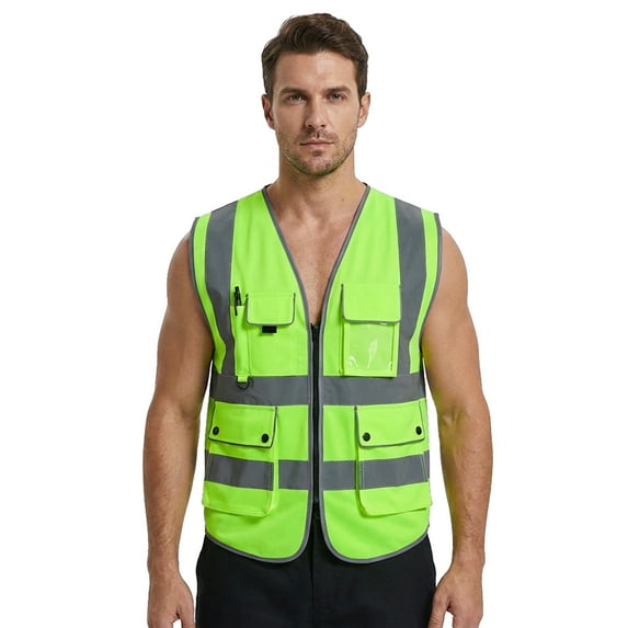 TOPTIE 8 Pockets High Visibility Safety Vest ANSI ISEA Class 2 Reflective Vest-Neon Green-L