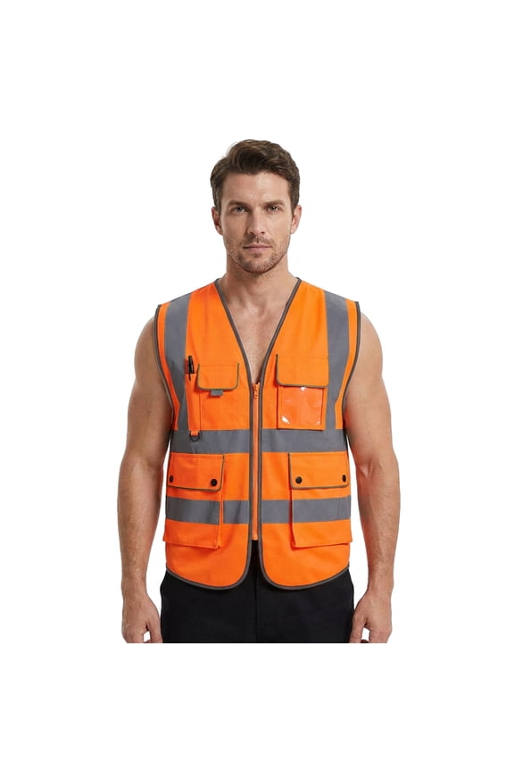 8 Pockets High Visibility Safety Vest ANSI ISEA Class 2 Reflective Vest-Neon Orange-2XL