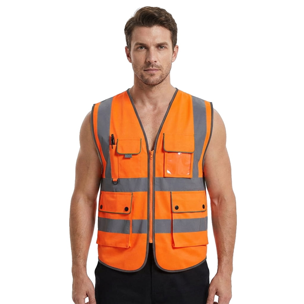 TOPTIE 8 Pockets High Visibility Safety Vest ANSI ISEA Class 2 Reflective Vest-Neon Orange-XL