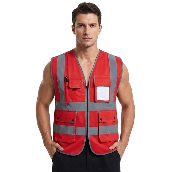 TOPTIE 8 Pockets High Visibility Safety Vest ANSI ISEA Class 2 Reflective Vest-Red-4XL