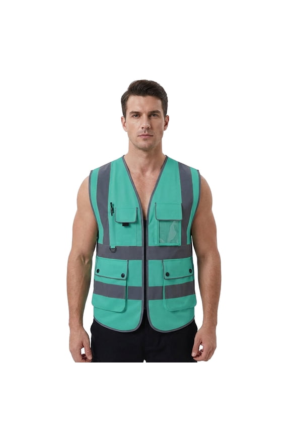 8 Pockets High Visibility Safety Vest ANSI ISEA Class 2 Reflective Vest-Teal-L