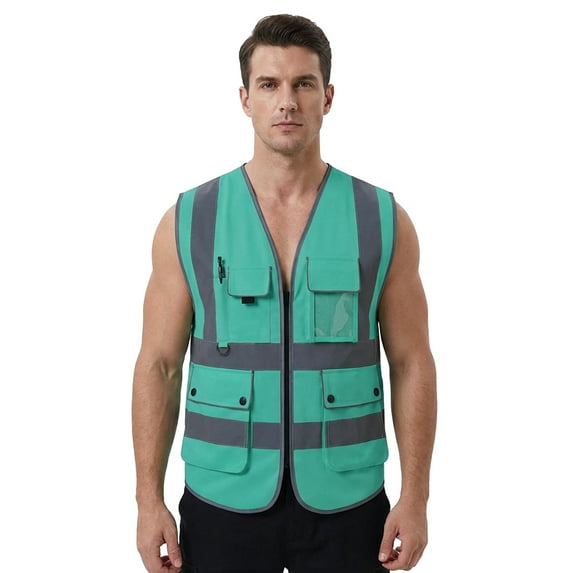 TOPTIE 8 Pockets High Visibility Safety Vest ANSI ISEA Class 2 Reflective Vest-Teal-M
