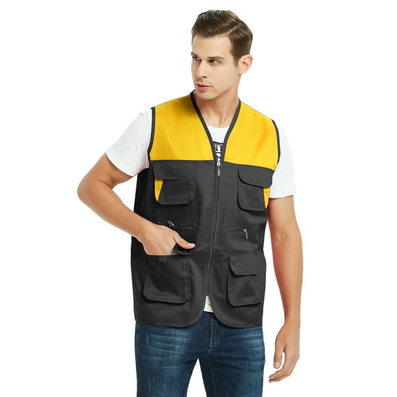TOPTIE Adult Supermarket Volunteer Vest Travel Safari Multi-pocket Waistcoat-Black Yellow-XL