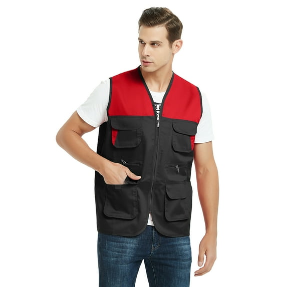 TOPTIE Adult Supermarket Volunteer Vest Travel Safari Multi-pocket Waistcoat-black red-L