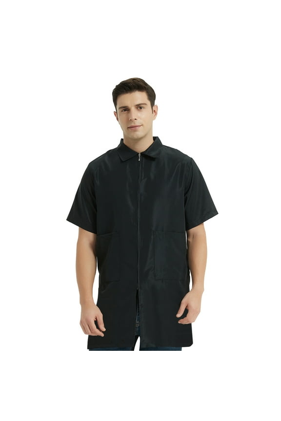 Barber Jacket Short-Sleeves Machine Washable Men's Coat Black Work Shirt-Black-L