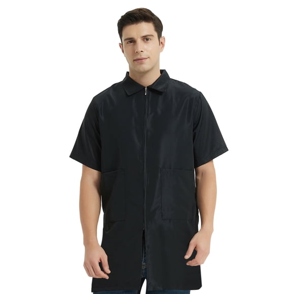 Barber Jacket Short-Sleeves Machine Washable Men's Coat Black Work Shirt-Black-XXL