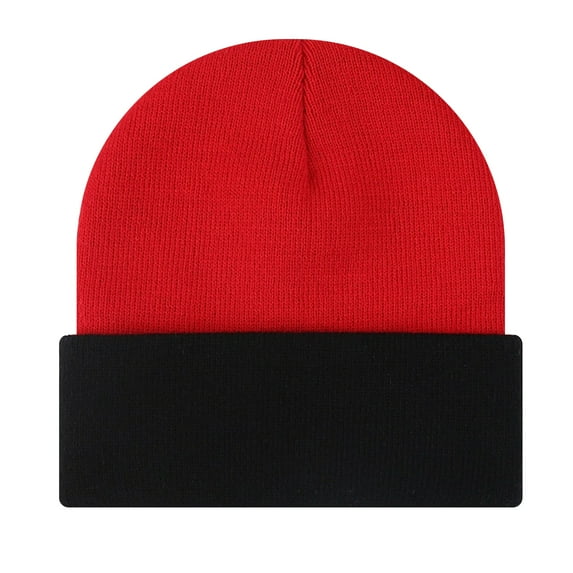 TOPTIE Beanie Hat 2-Tone Long Cuff Knit Color Block Winter Beanie Skull Cap for Men & Women-RedBlack