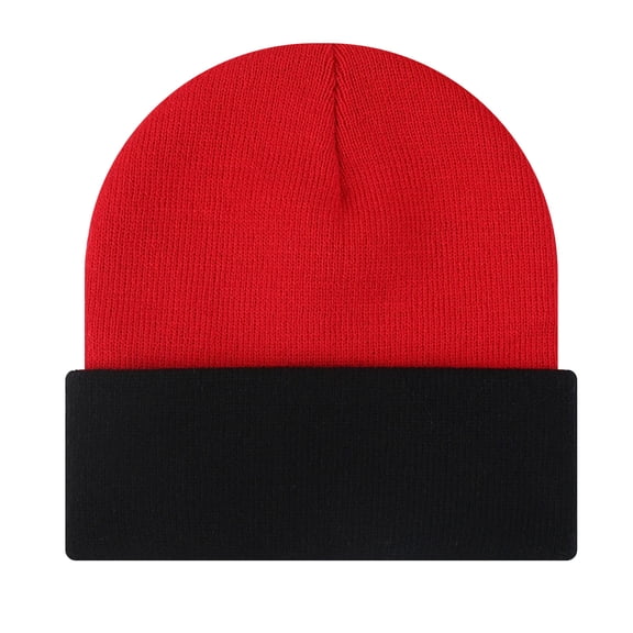 TOPTIE Beanie Hat 2-Tone Long Cuff Knit Color Block Winter Beanie Skull Cap for Men & Women-RedBlack