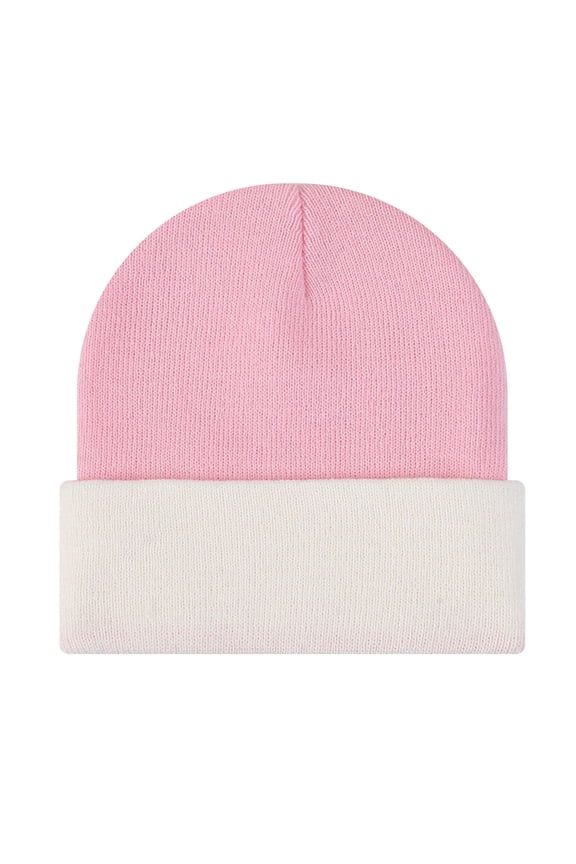 Beanie Hat 2-Tone Long Cuff Knit Color Block Winter Beanie Skull Cap for Men & Women-WhitePink