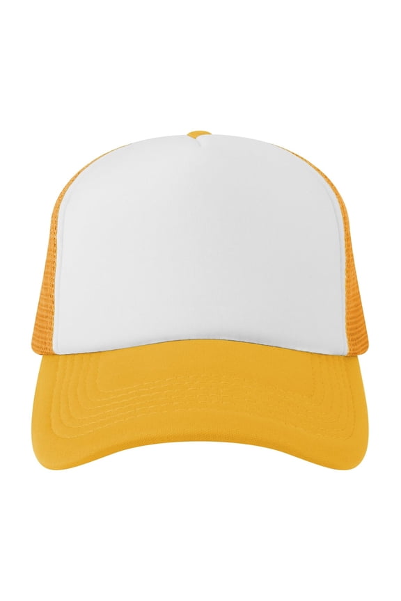 Blank 5 Panel Trucker Hat Foam Front Mesh Back 2 Tone Trucker Snapback Hat-Gold White
