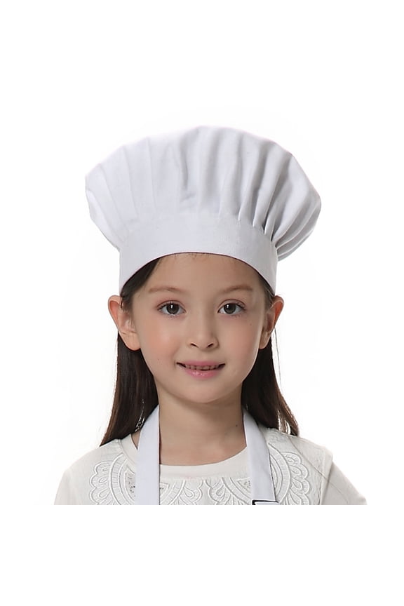 Chef Hat for Kid & Adult, Cotton Elastic Adjustable Kitchen Cooking Baking Hat-White-S