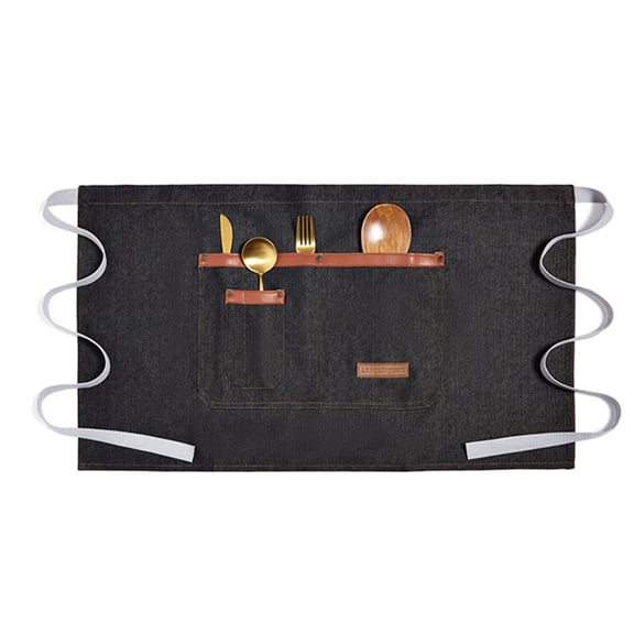 TOPTIE Denim Unisex Half Apron Waist Bistro Apron with Pockets for Server Waitress Barista Bartender-Black