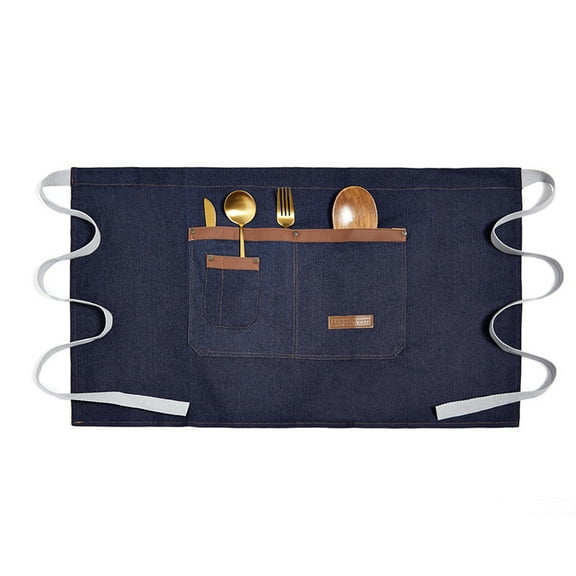 TOPTIE Denim Unisex Half Apron Waist Bistro Apron with Pockets for Server Waitress Barista Bartender-Blue